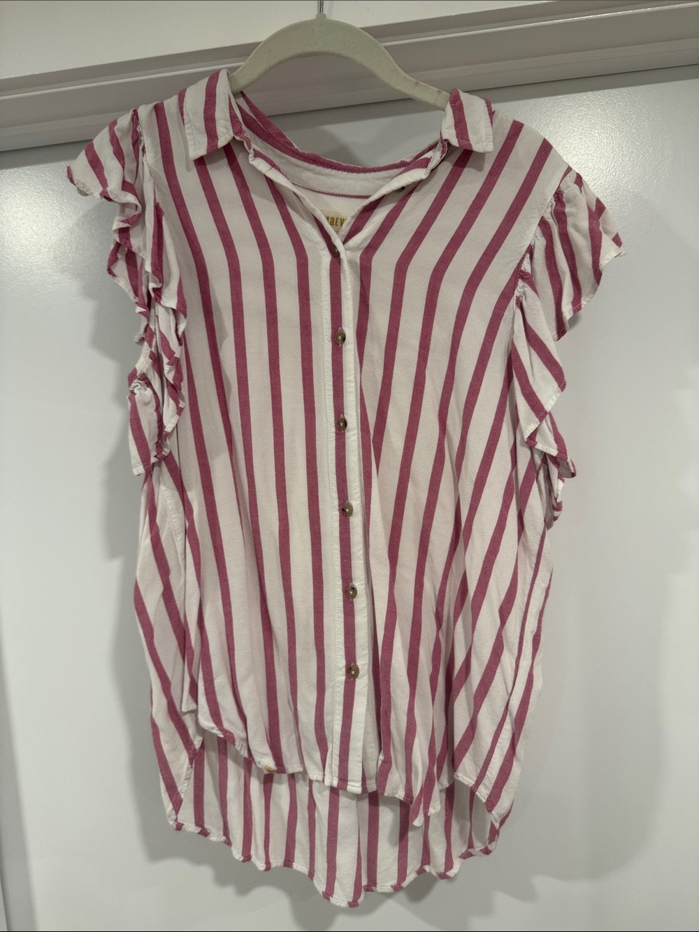 Anthropologie Pink and White Vertical Stripe Ruffle Sleeve Button Top